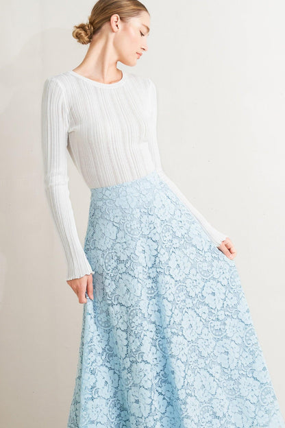 Purely Romantic Woven Lace Midi Skirt – Fully Lined Lace Circle Skirt with Back Zipper