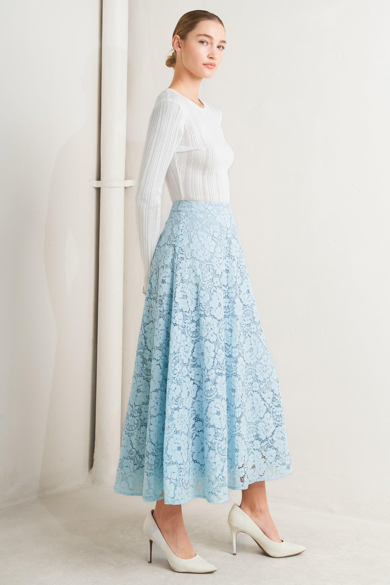 Purely Romantic Woven Lace Midi Skirt – Fully Lined Lace Circle Skirt with Back Zipper