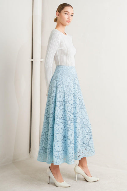 Purely Romantic Woven Lace Midi Skirt – Fully Lined Lace Circle Skirt with Back Zipper