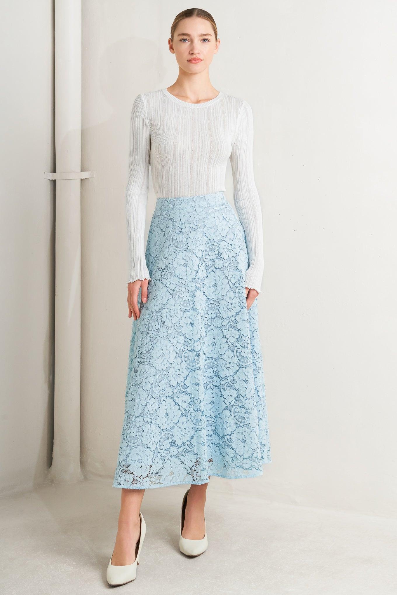 Purely Romantic Woven Lace Midi Skirt – Fully Lined Lace Circle Skirt with Back Zipper