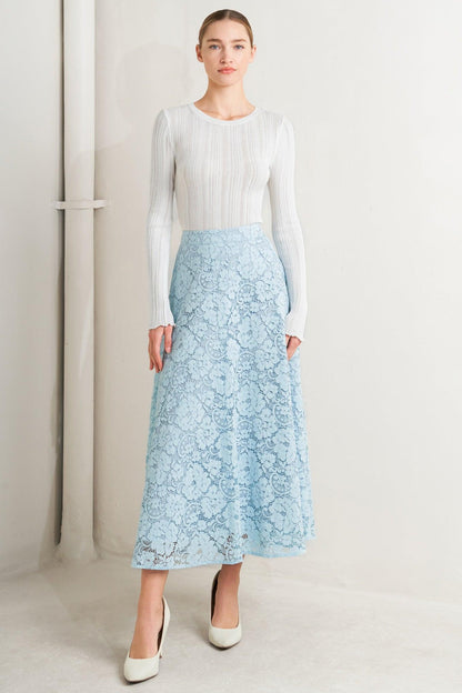 Purely Romantic Woven Lace Midi Skirt – Fully Lined Lace Circle Skirt with Back Zipper