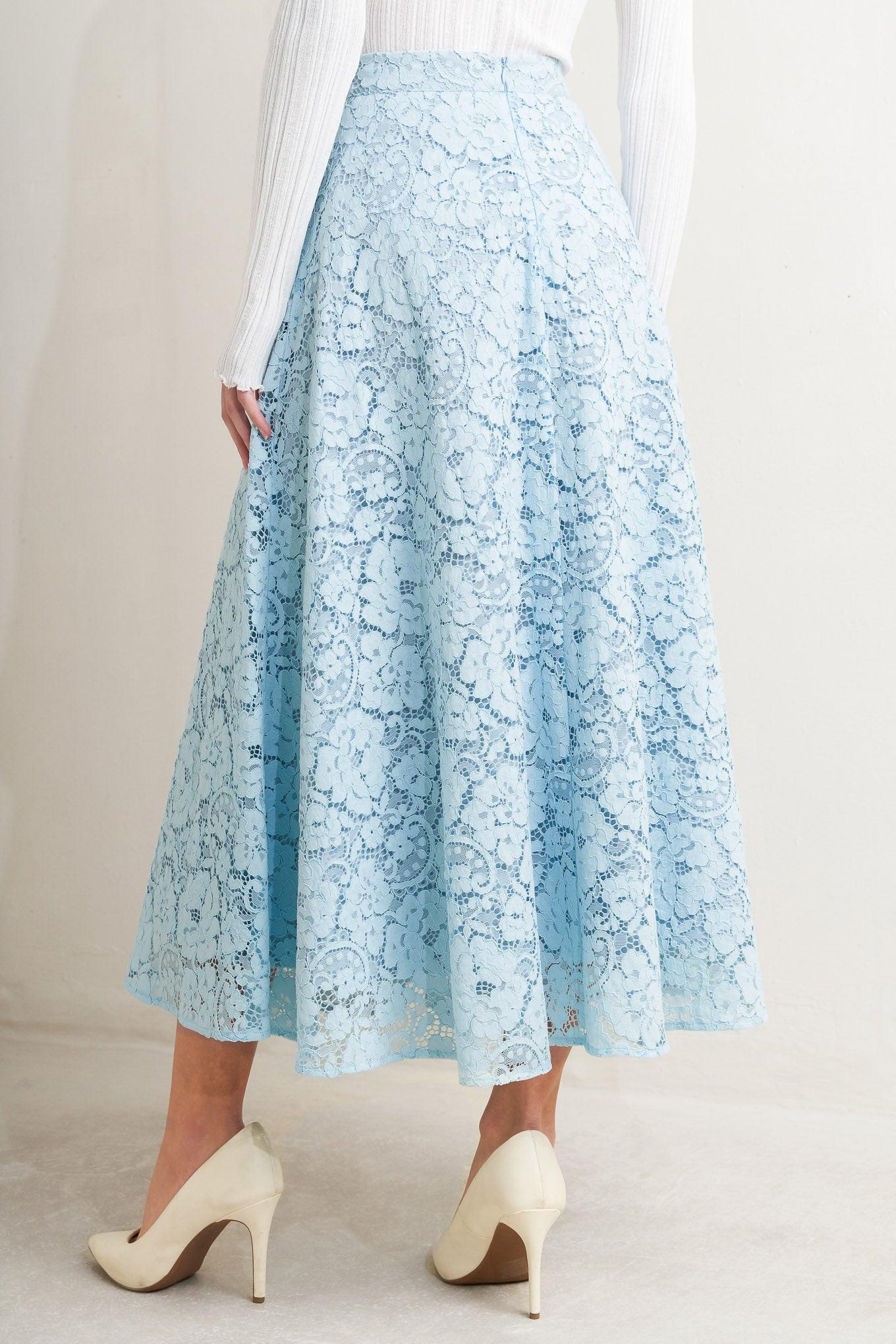 Purely Romantic Woven Lace Midi Skirt – Fully Lined Lace Circle Skirt with Back Zipper