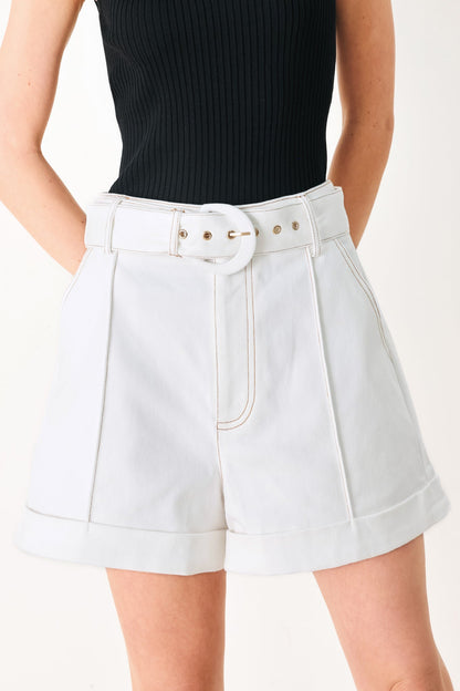 White shorts with a belt worn by a person on a white background