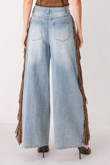 Nashville Side Washed Denim Jeans – Western Fringe Wide-Leg Pants