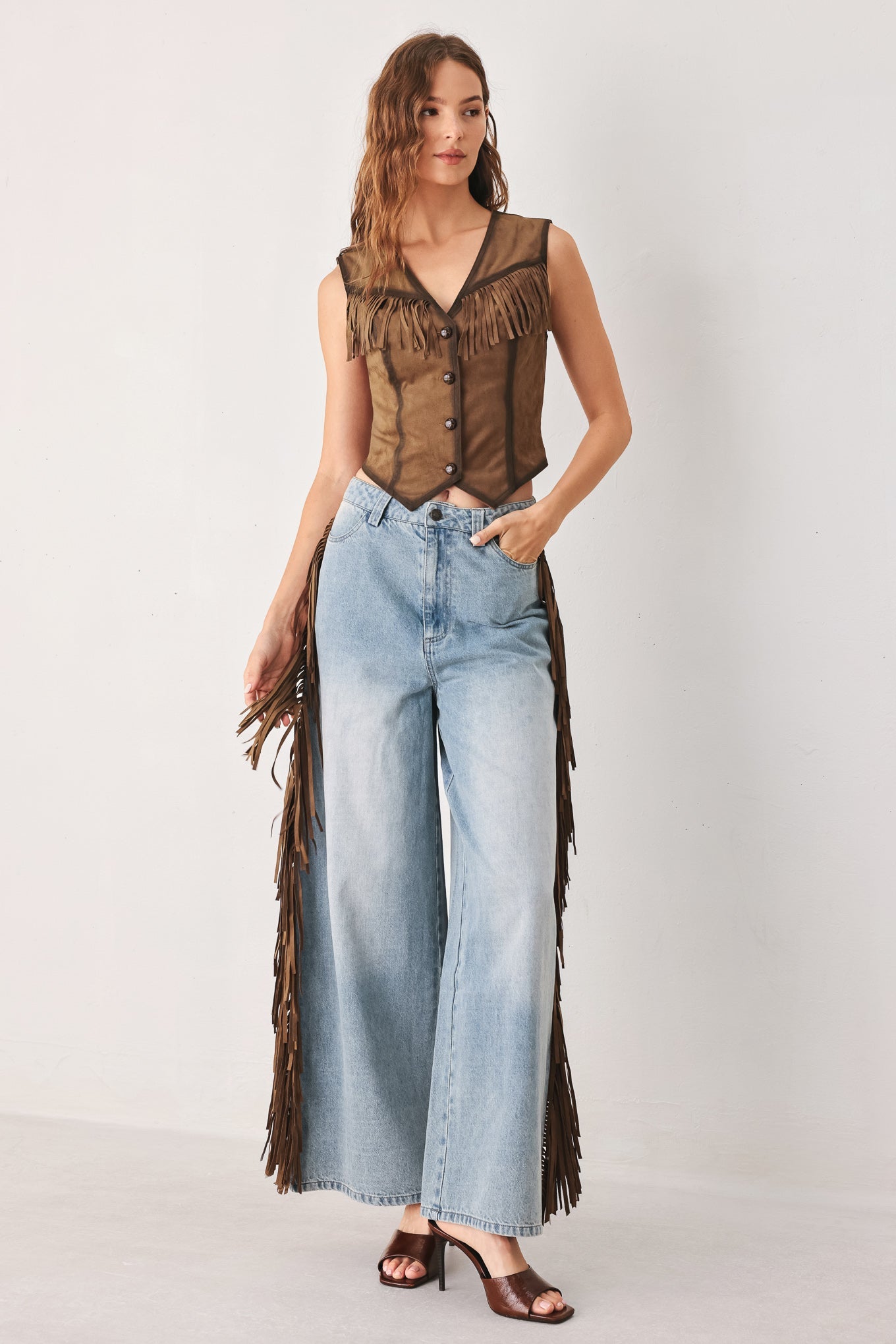Nashville Side Washed Denim Jeans – Western Fringe Wide-Leg Pants