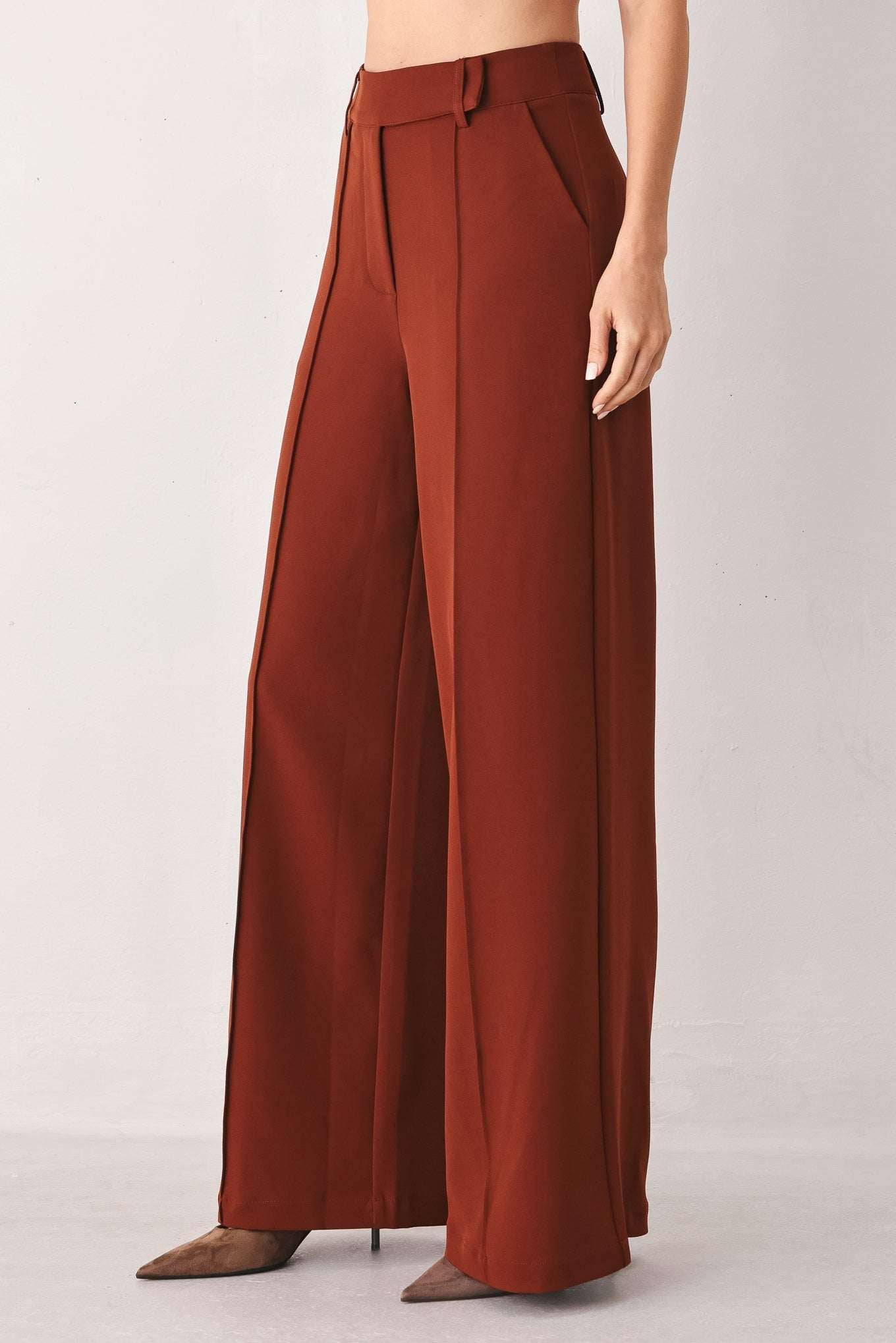 Rust brown fabric wide-leg trousers with front pleats and belt loops, worn with pointed-toe heels.