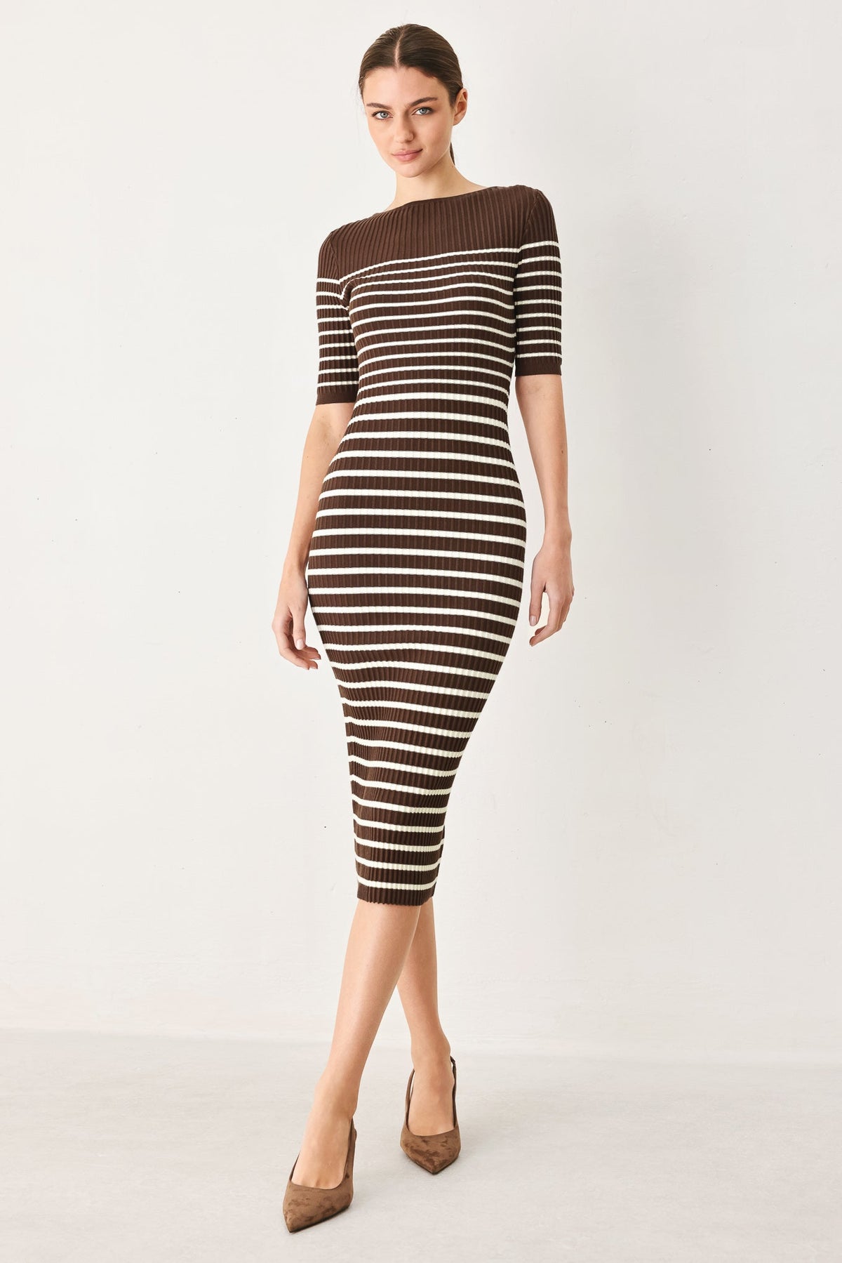 Chocolate Stripe Sweater Midi Dress - Office to Evening