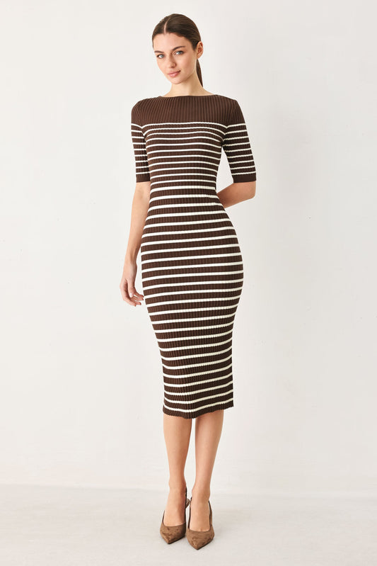 Chocolate Stripe Sweater Midi Dress - Office to Evening
