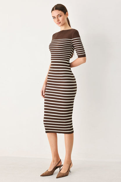 Chocolate Stripe Sweater Midi Dress - Office to Evening