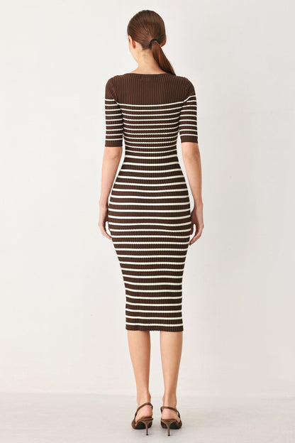 Chocolate Stripe Sweater Midi Dress - Office to Evening