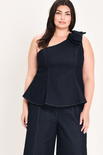 Indigo Bow One Shoulder Denim Top - Regular & Plus Size