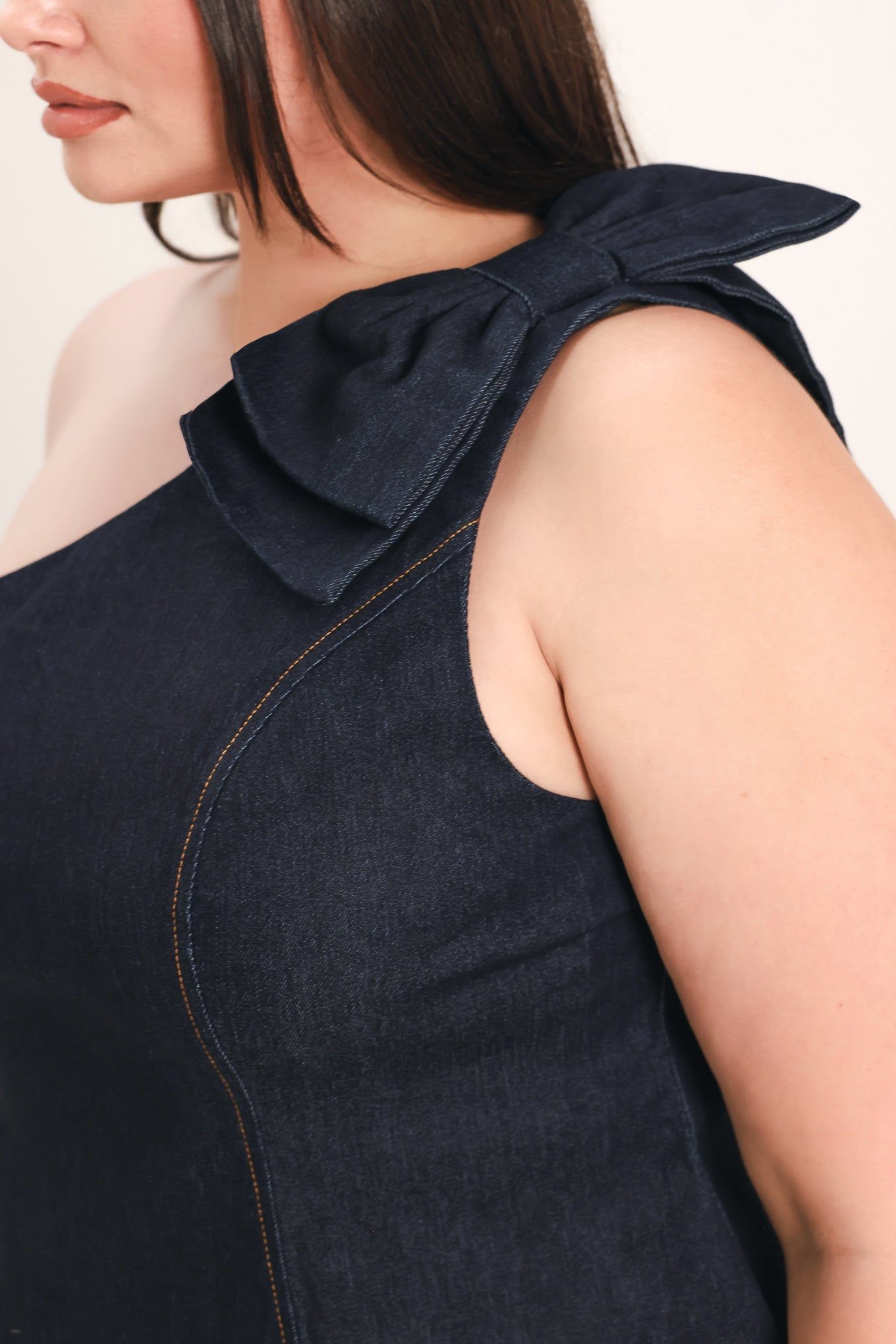 Indigo Bow One Shoulder Denim Top - Regular & Plus Size