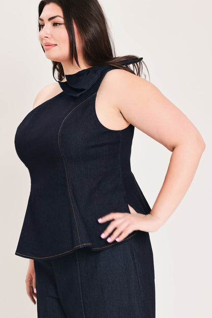 Indigo Bow One Shoulder Denim Top - Regular & Plus Size