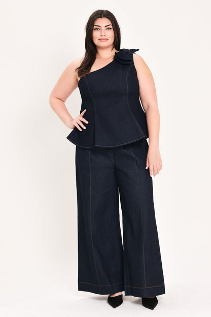 Indigo Bow One Shoulder Denim Top - Regular & Plus Size