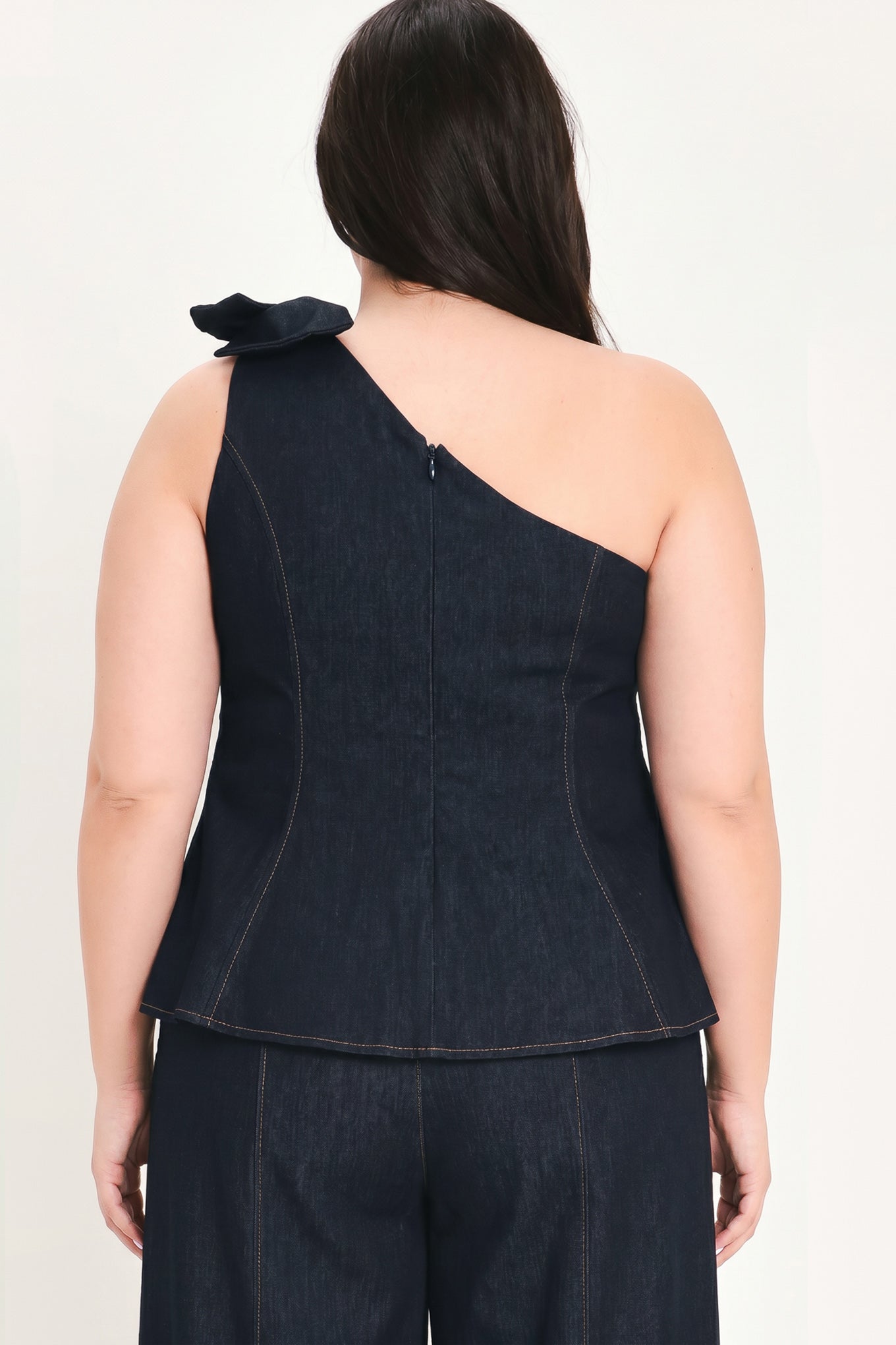 Indigo Bow One Shoulder Denim Top - Regular & Plus Size