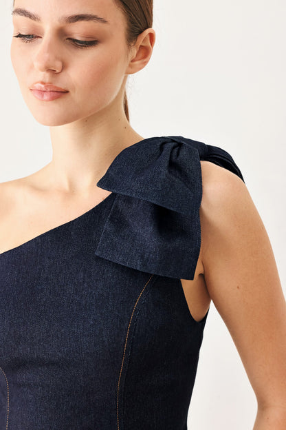 Indigo Bow One Shoulder Denim Top - Regular & Plus Size