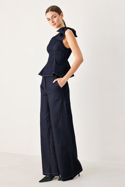 Indigo Bow One Shoulder Denim Top - Regular & Plus Size