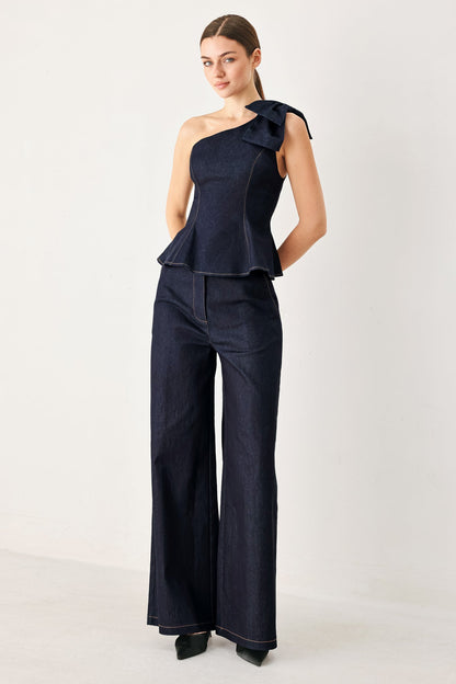 Indigo Bow One Shoulder Denim Top - Regular & Plus Size