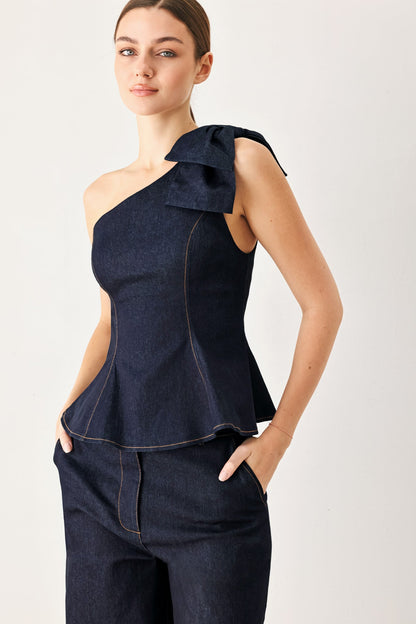 Indigo Bow One Shoulder Denim Top - Regular & Plus Size
