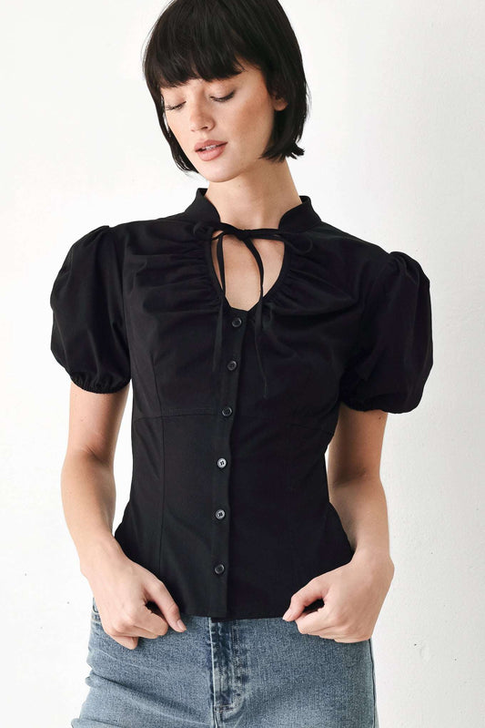 White Rose Daydream Woven Top – High Collar Puff Sleeve Blouse