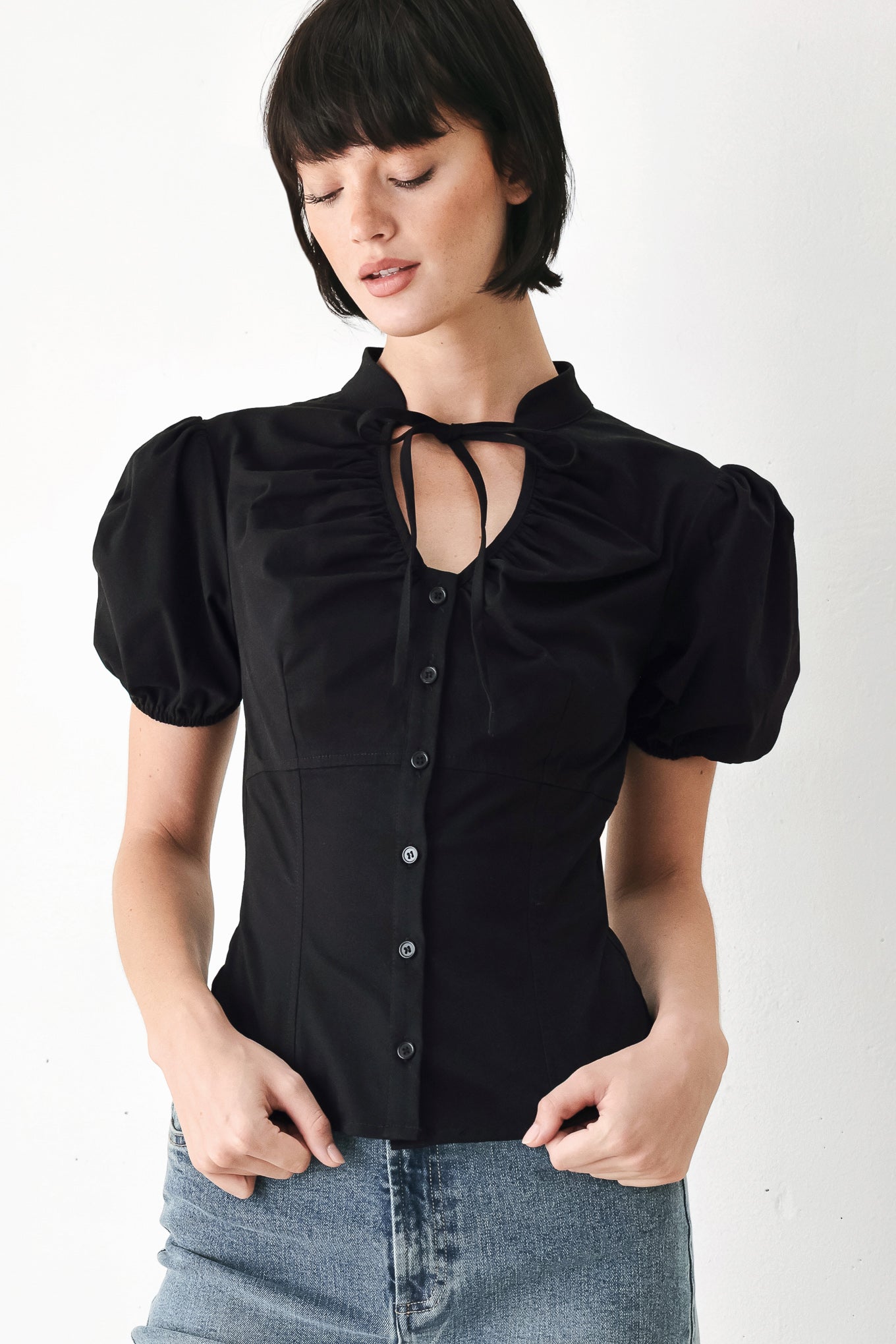 White Rose Daydream Woven Top – High Collar Puff Sleeve Blouse