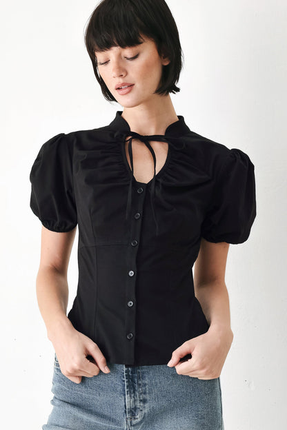 White Rose Daydream Woven Top – High Collar Puff Sleeve Blouse