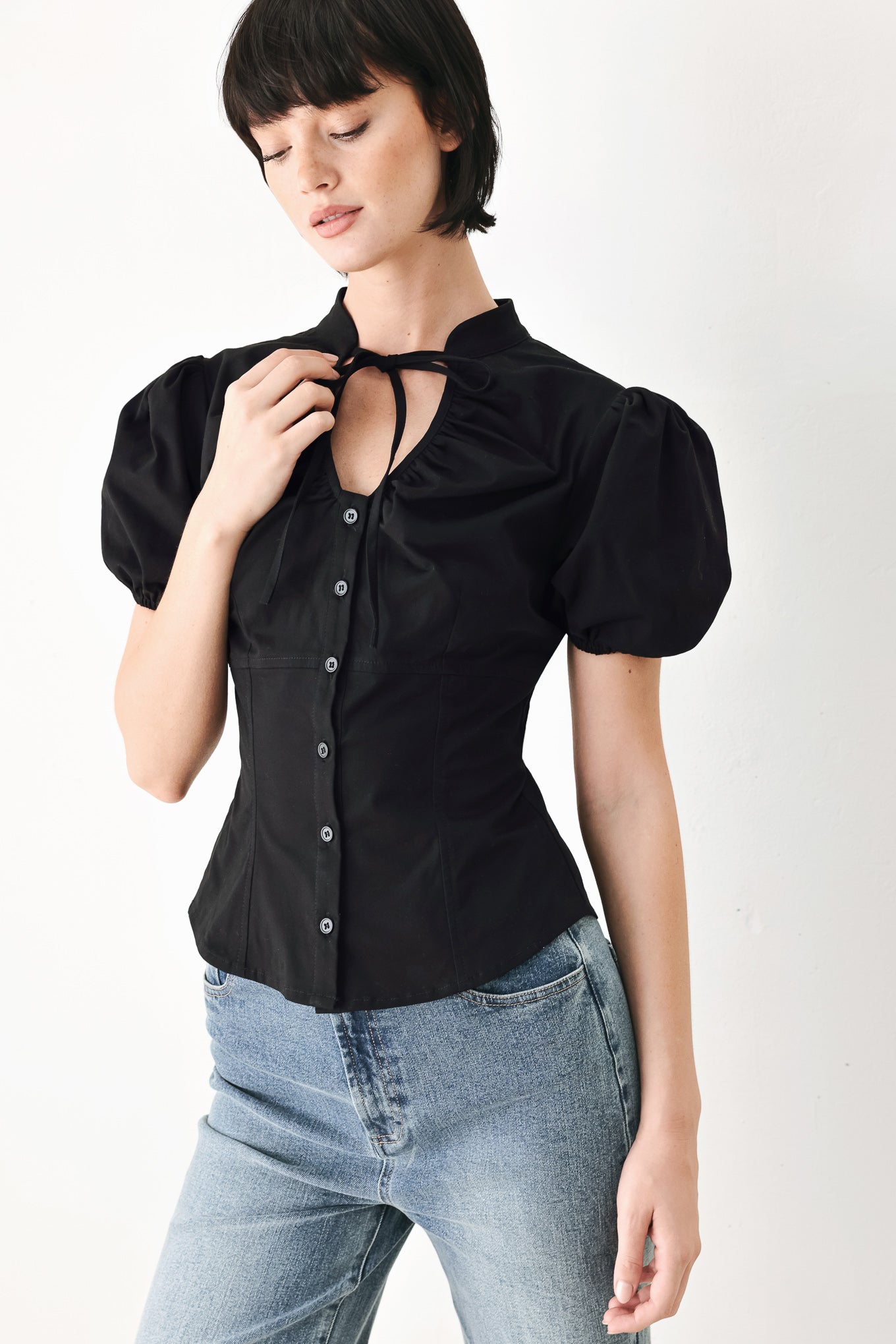 White Rose Daydream Woven Top – High Collar Puff Sleeve Blouse