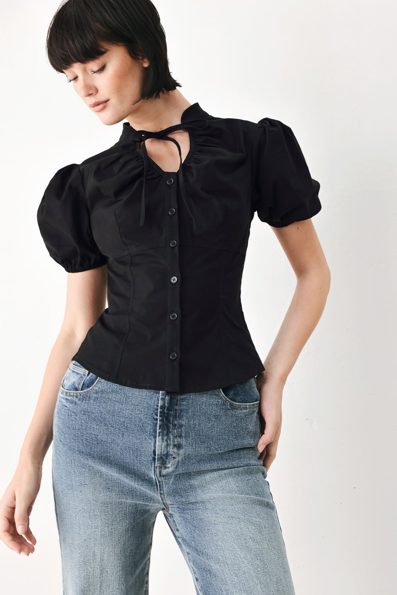 White Rose Daydream Woven Top – High Collar Puff Sleeve Blouse