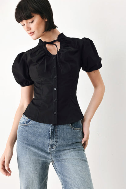 White Rose Daydream Woven Top – High Collar Puff Sleeve Blouse