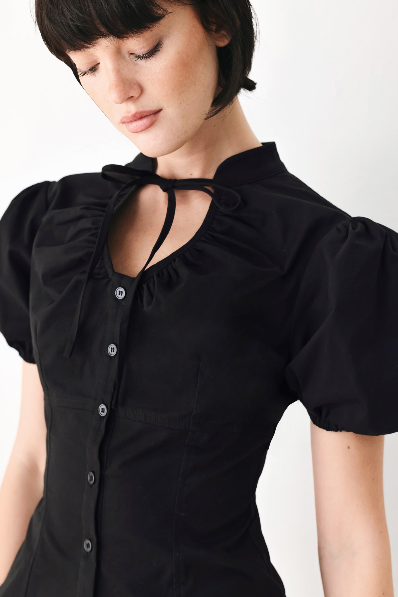 White Rose Daydream Woven Top – High Collar Puff Sleeve Blouse