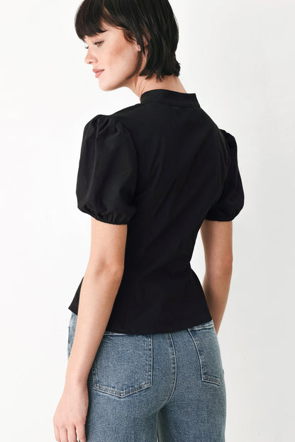 White Rose Daydream Woven Top – High Collar Puff Sleeve Blouse