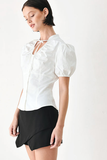 White Rose Daydream Woven Top – High Collar Puff Sleeve Blouse