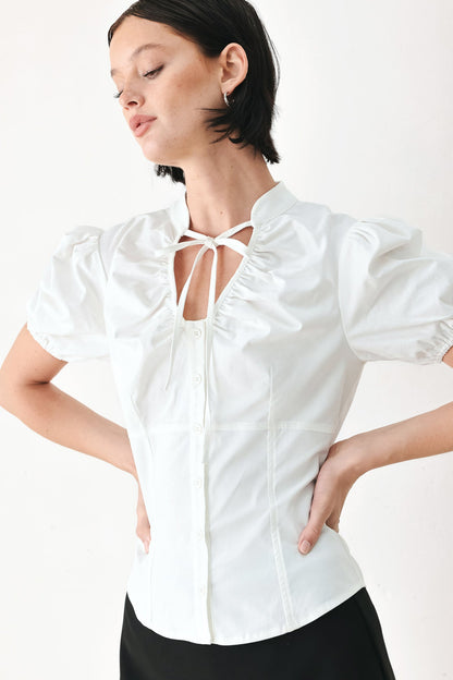 White Rose Daydream Woven Top – High Collar Puff Sleeve Blouse