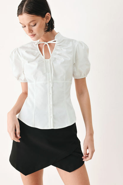 White Rose Daydream Woven Top – High Collar Puff Sleeve Blouse