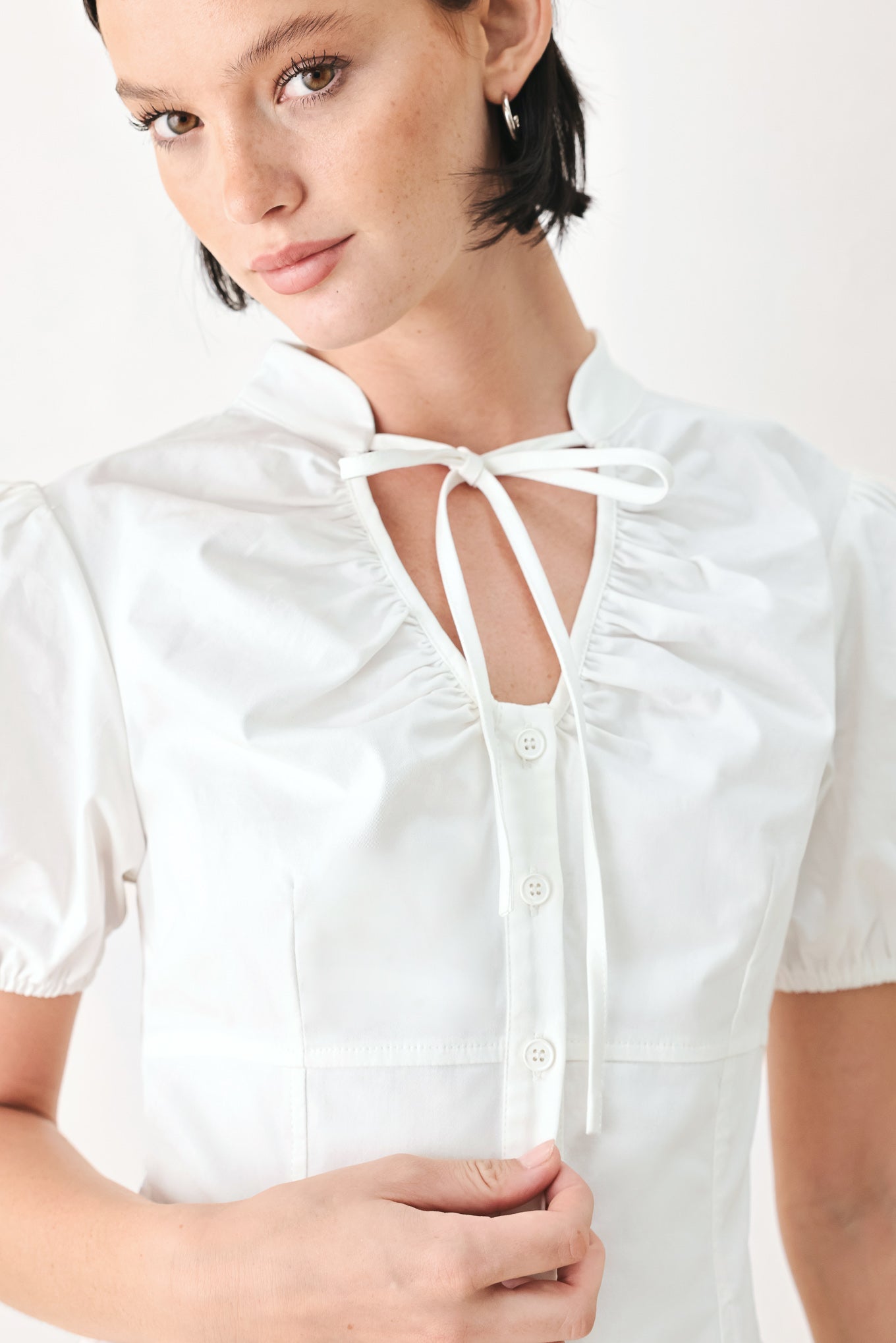 White Rose Daydream Woven Top – High Collar Puff Sleeve Blouse