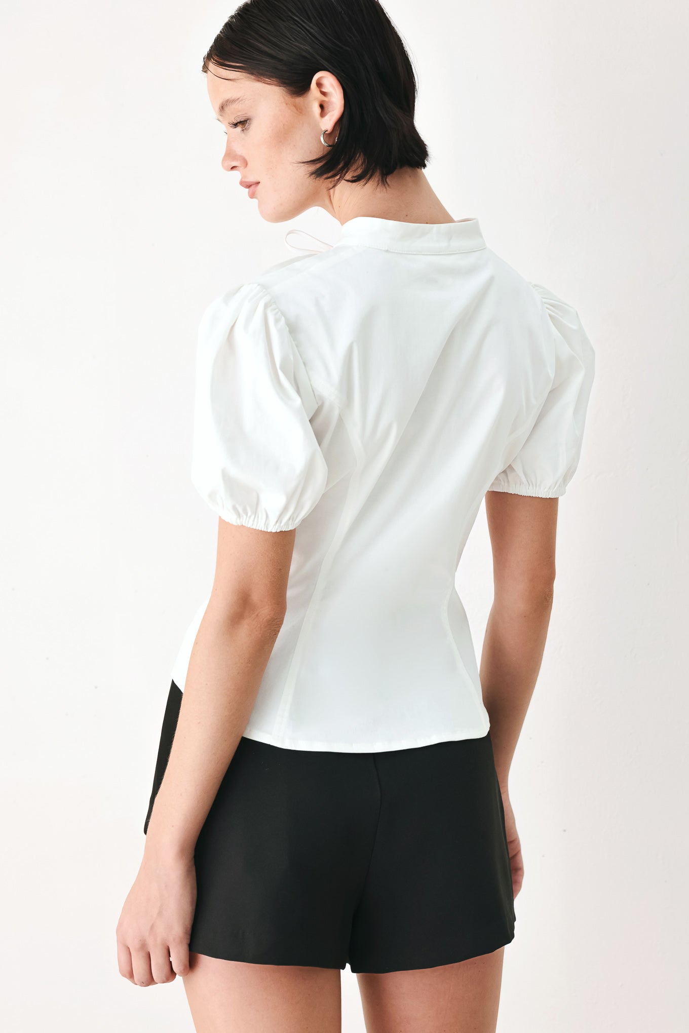 White Rose Daydream Woven Top – High Collar Puff Sleeve Blouse