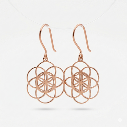 Dangle sacred geometry earrings in 925 sterling silver with intricate floral design and hook clasps.