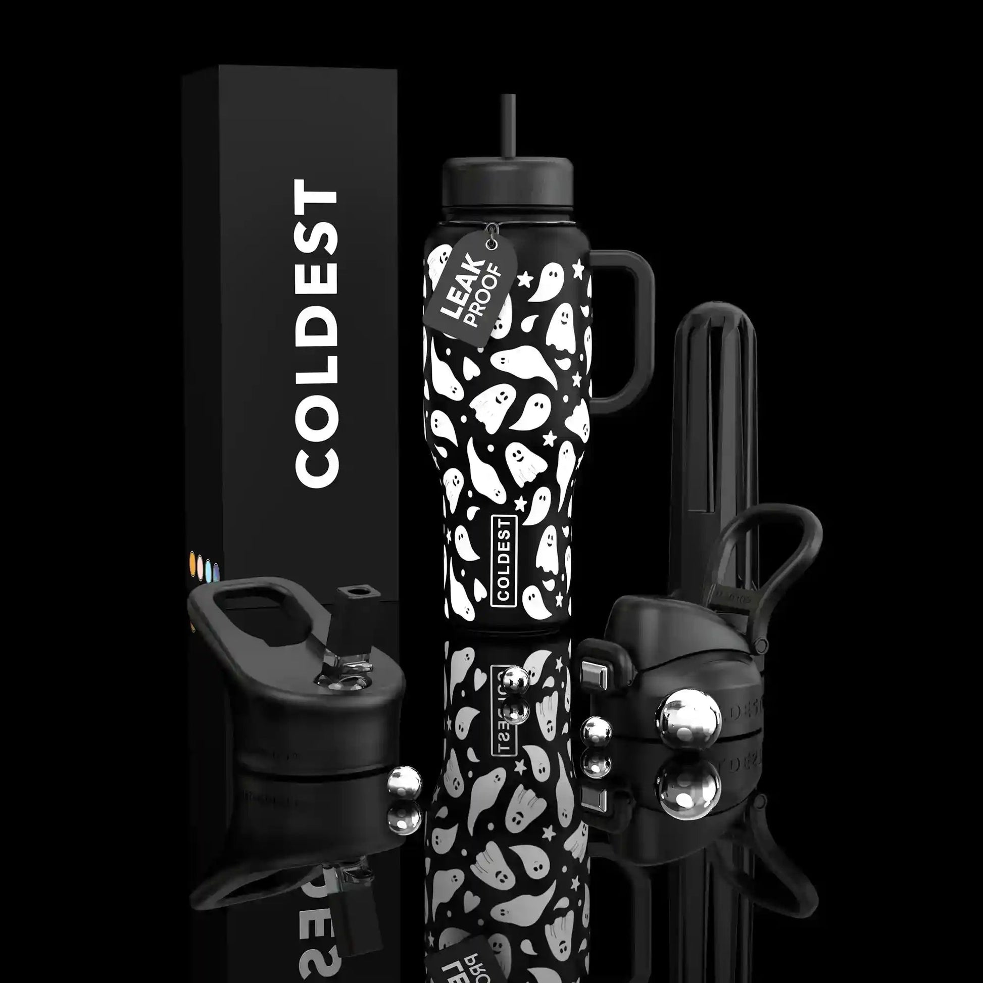 Black water bottle with ghost design and 'Coldest' branding on a black background