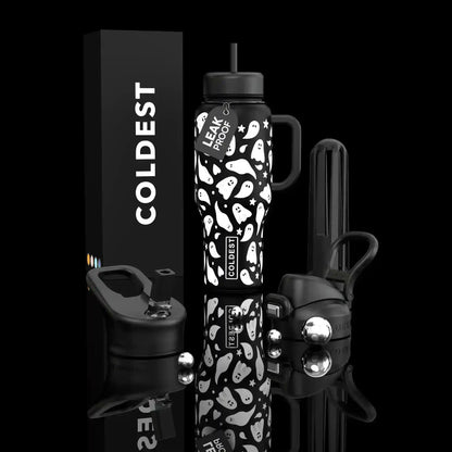 Black water bottle with ghost design and 'Coldest' branding on a black background