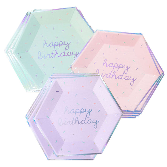 Sprinkles - Pastel Happy Birthday Large Paper Plates (Multi-Color Pack, 18 count)