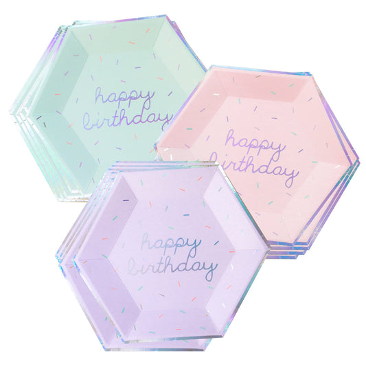 Sprinkles - Pastel Happy Birthday Large Paper Plates (Multi-Color Pack, 18 count)