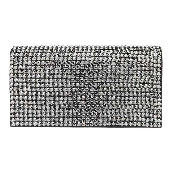 Silver clutch bag with rhinestone embellishments on a white background