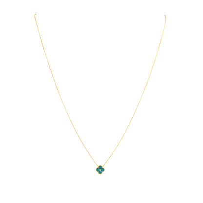 Gold necklace with a green pendant on a white background