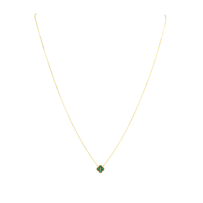 Gold necklace with a green pendant on a white background