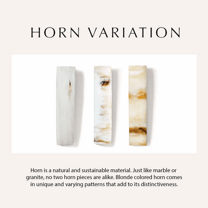 Three pieces of horn with natural patterns on a light background, labeled 'Horn Variation'.