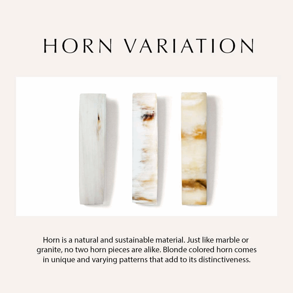 Three pieces of horn with natural patterns on a light background, labeled 'Horn Variation'.