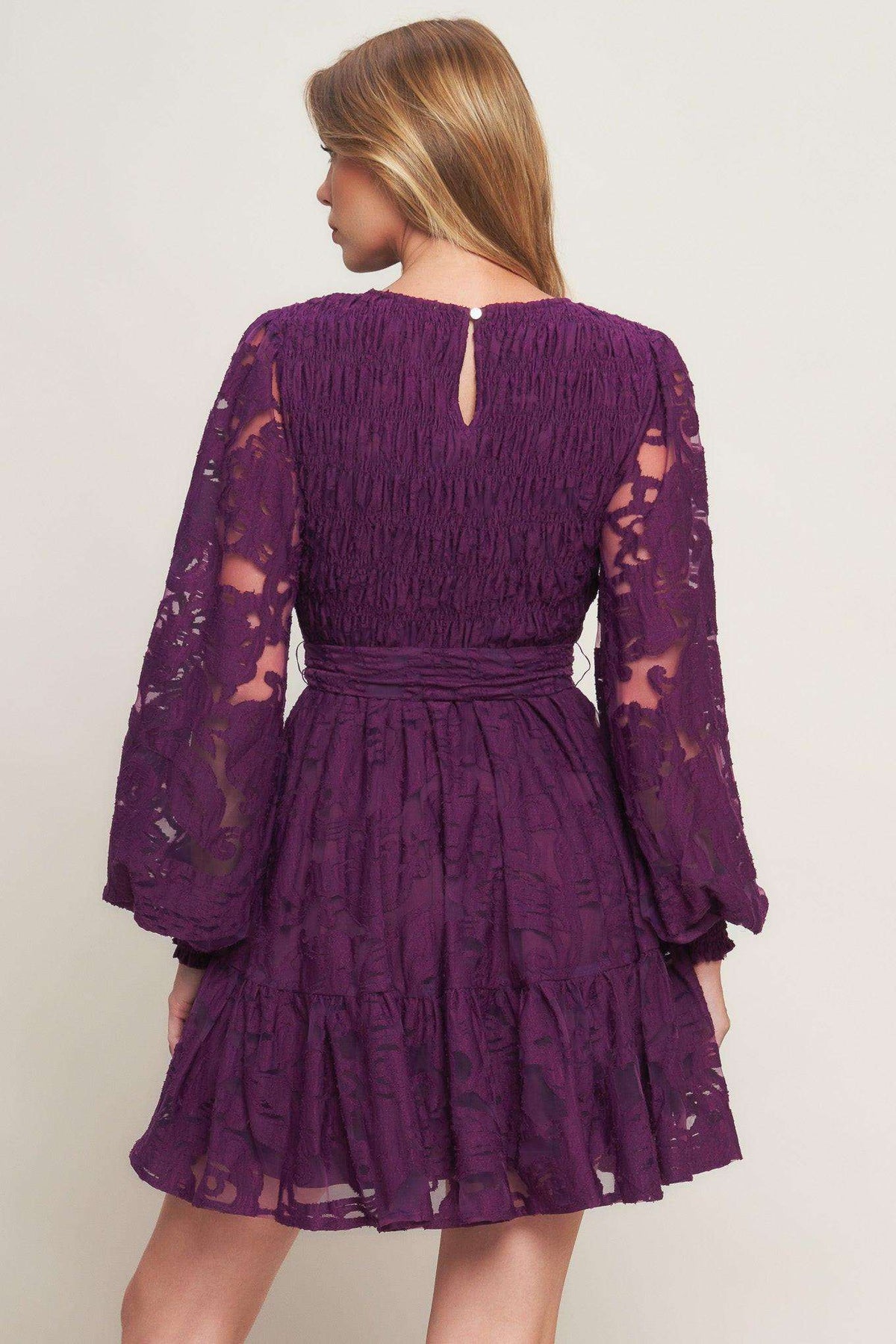 Passion Plum Woven Lace Mini Dress – Long Sleeve Smocked Bodice Mini Dress with Ruffled Hem