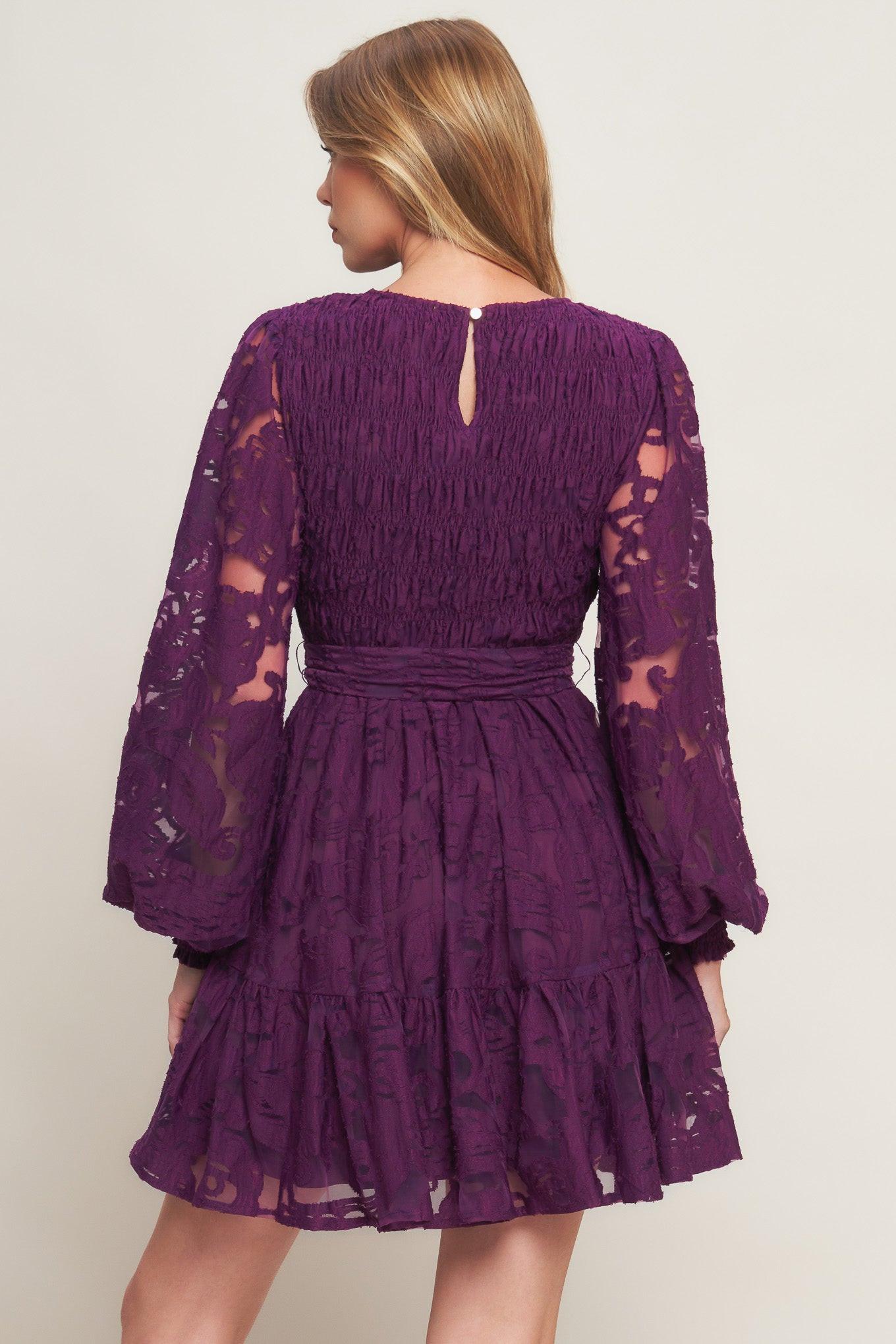 Purple lace dress with long sleeves on a plain background