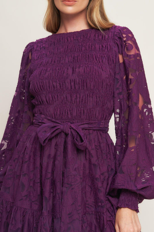 Purple lace dress with long sleeves on a plain background