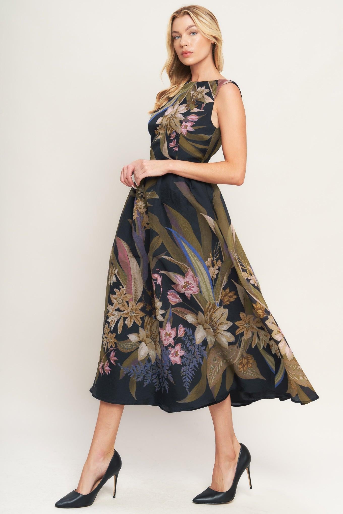 Woman wearing a floral dress on a white background